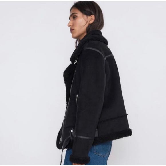 Zara Biker Moto Double Faced Jacket Faux Leather Shearling Black NOWT - Picture 2 of 8